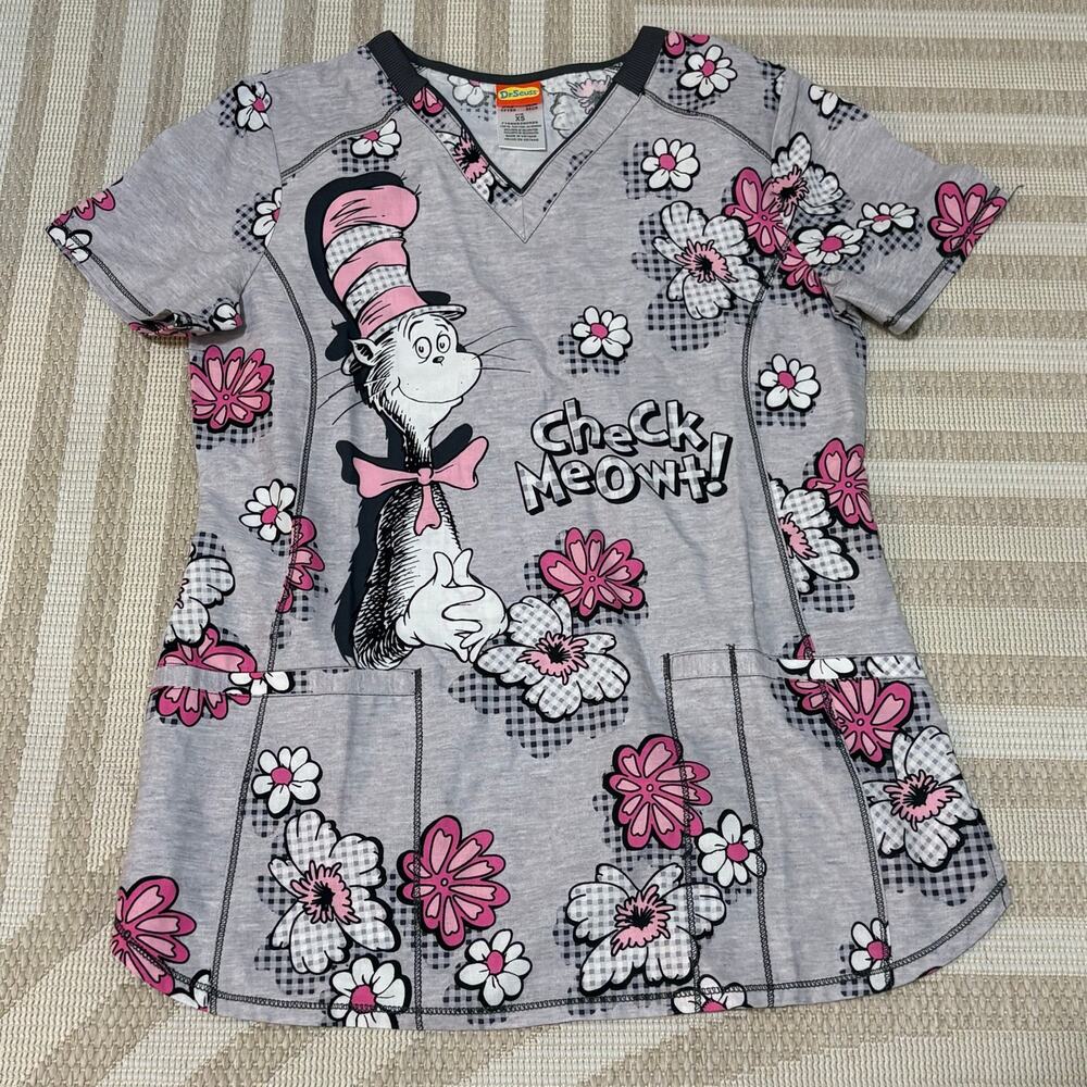 Dr. Suess Cat in the Hat Check Meowt Women's XS V-Neck Scrubs Top Pink Floral